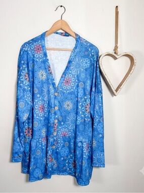 Izuria Womens Kalidoscopic Floral Print Blouse Boho Hippe Grannycore 3XL Blue